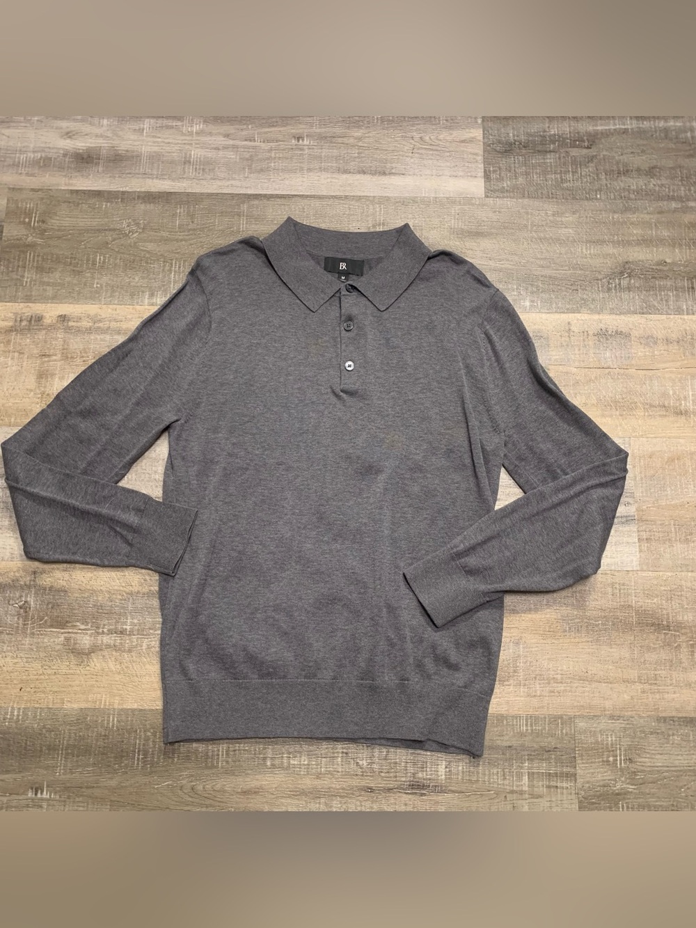 BR Banana Republic Performance Gray Thin Knit Polo Shirt Long Sleeve Golf M